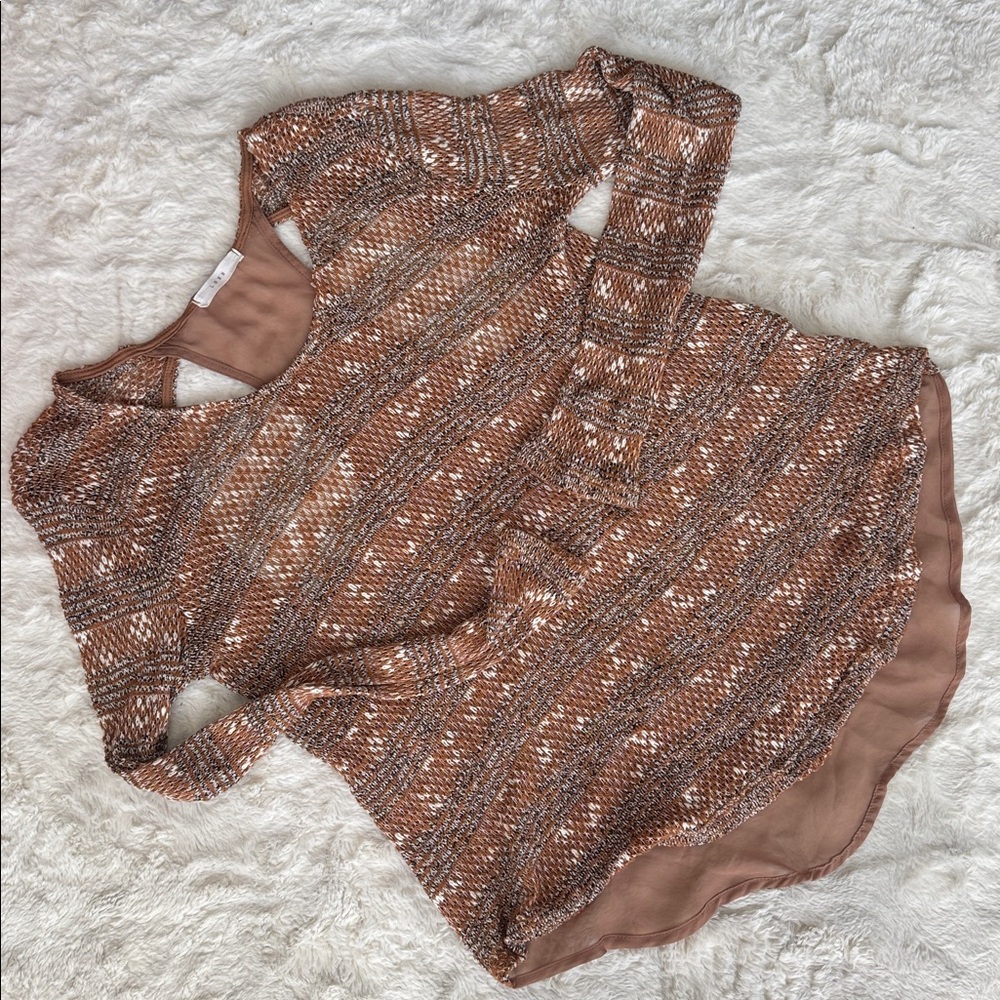 2/$6 Lush Brown Patterned Women's See-thru and sheer t-back Top Sz Sm-Med